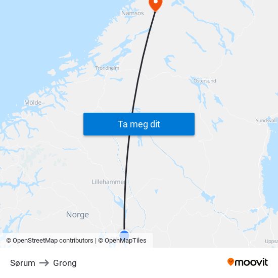 Sørum to Grong map