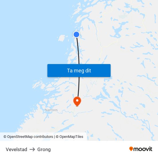 Vevelstad to Grong map