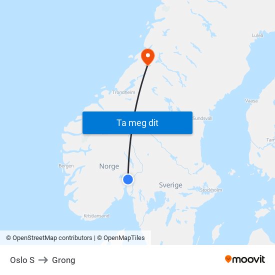 Oslo S to Grong map