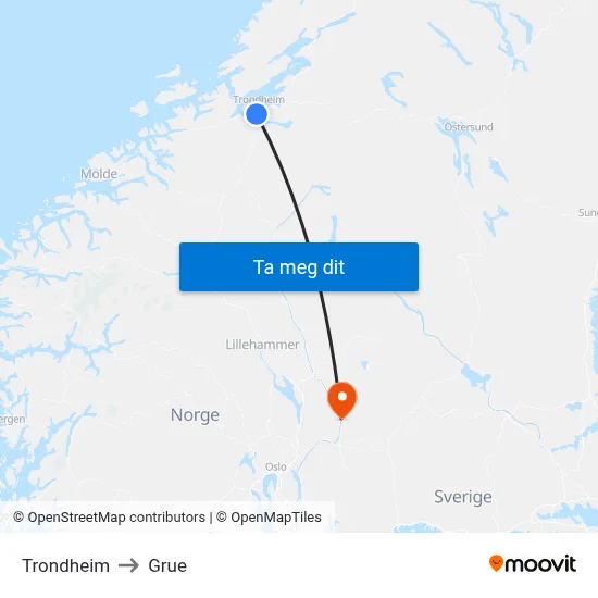 Trondheim to Grue map