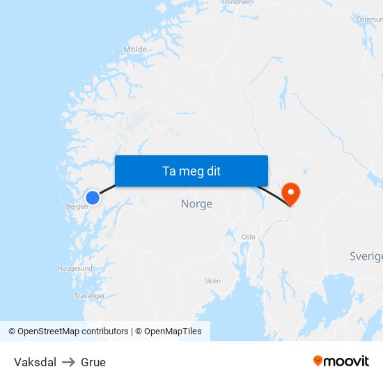 Vaksdal to Grue map