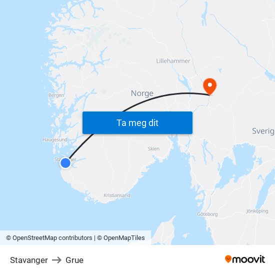 Stavanger to Grue map