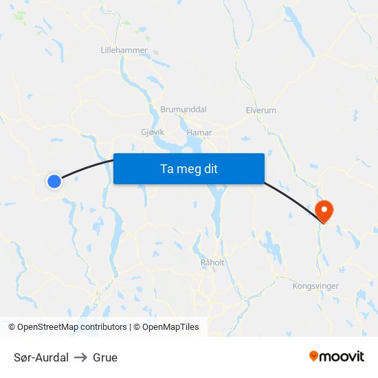 Sør-Aurdal to Grue map