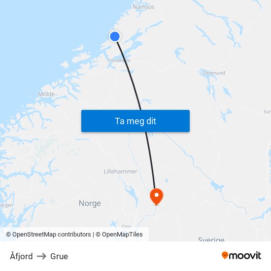 Åfjord to Grue map