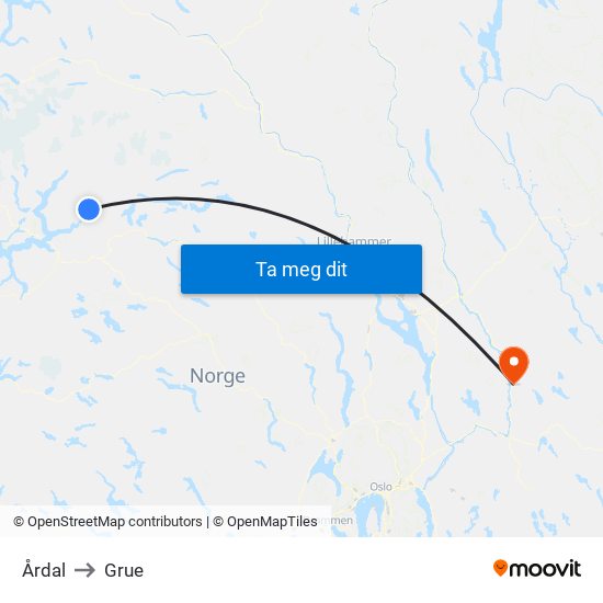 Årdal to Grue map