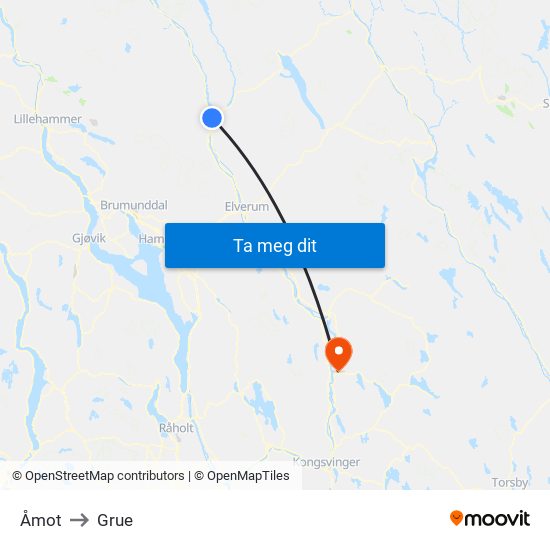 Åmot to Grue map