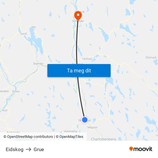 Eidskog to Grue map
