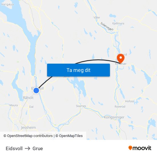 Eidsvoll to Grue map