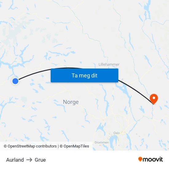 Aurland to Grue map