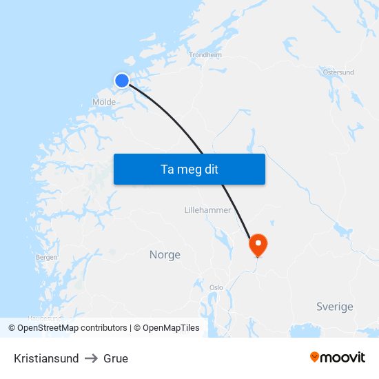 Kristiansund to Grue map