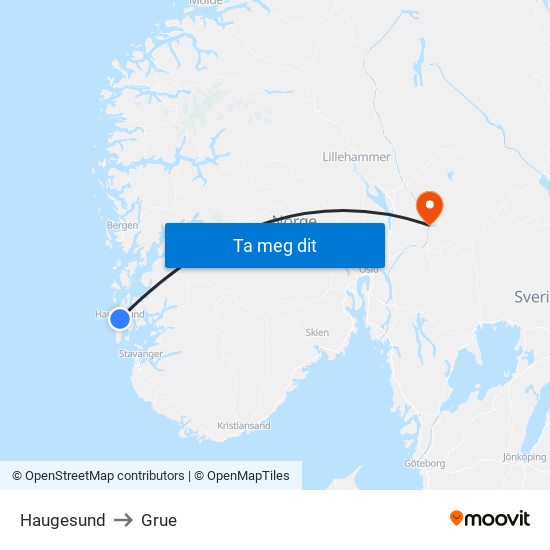 Haugesund to Grue map