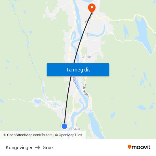 Kongsvinger to Grue map