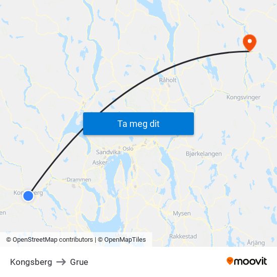 Kongsberg to Grue map