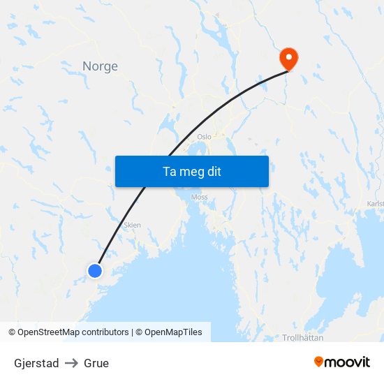 Gjerstad to Grue map