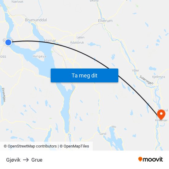 Gjøvik to Grue map
