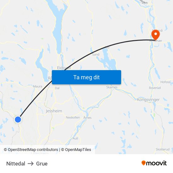 Nittedal to Grue map