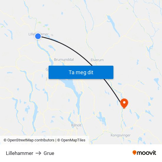 Lillehammer to Grue map