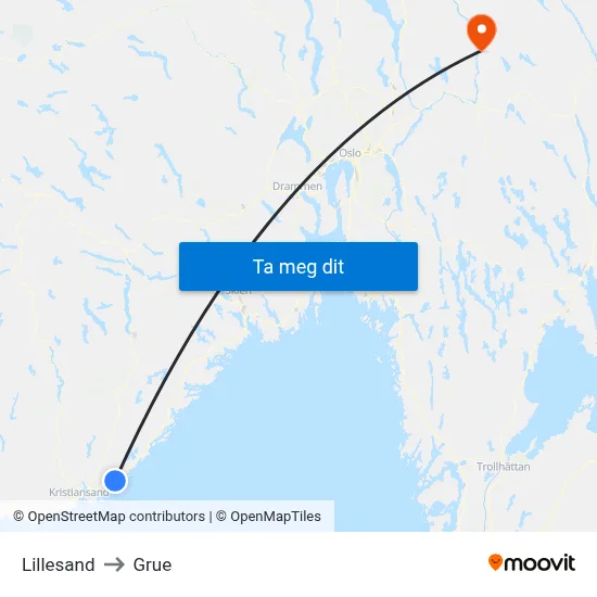 Lillesand to Grue map