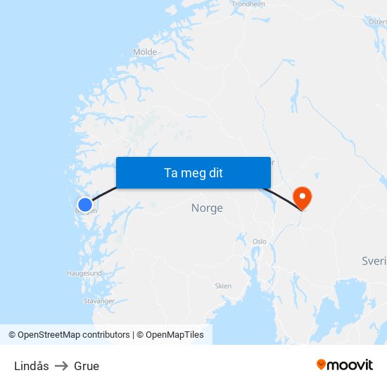 Lindås to Grue map