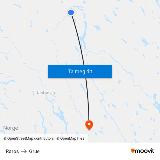 Røros to Grue map