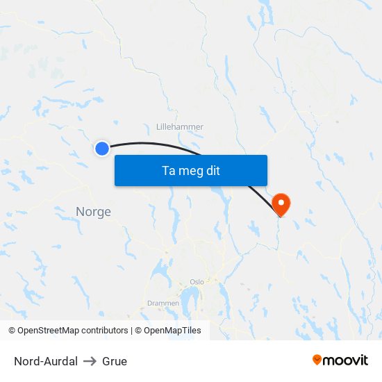 Nord-Aurdal to Grue map