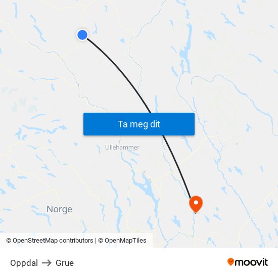 Oppdal to Grue map