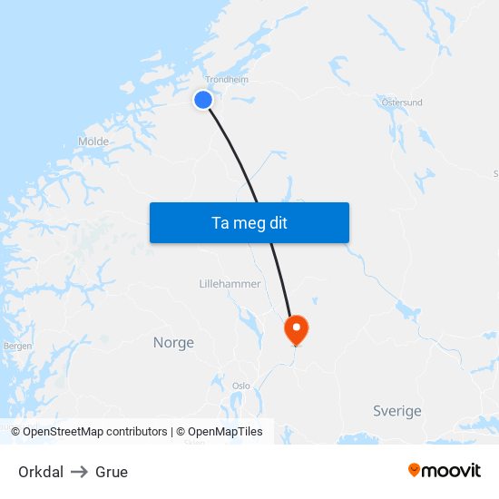 Orkdal to Grue map