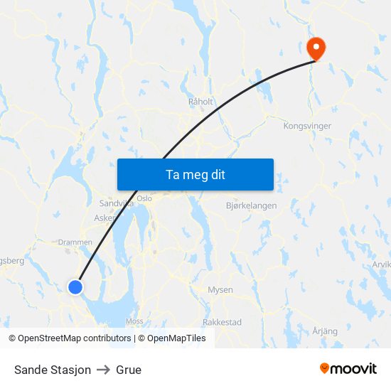 Sande Stasjon to Grue map