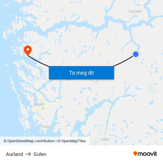 Aurland to Gulen map