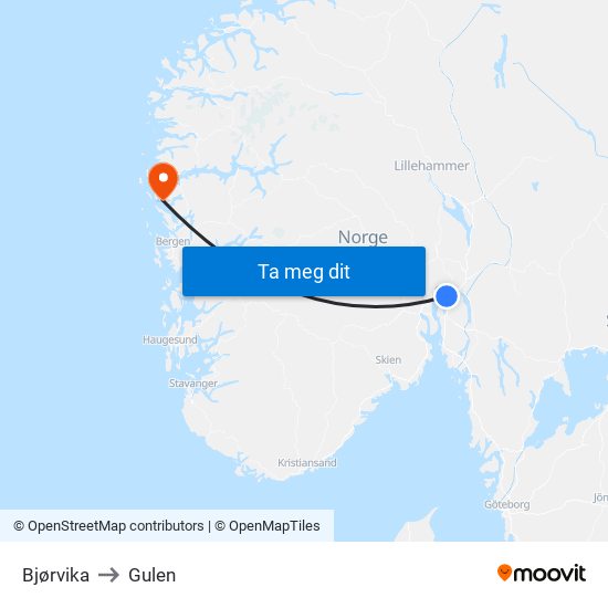 Bjørvika to Gulen map