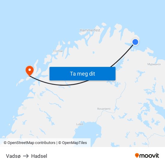 Vadsø to Hadsel map