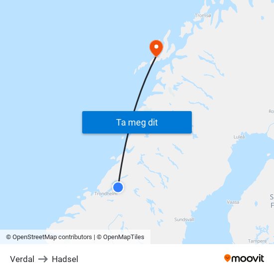 Verdal to Hadsel map