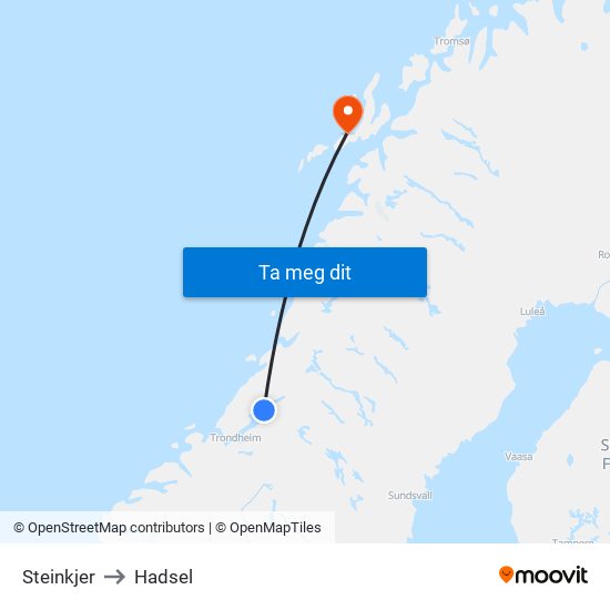 Steinkjer to Hadsel map