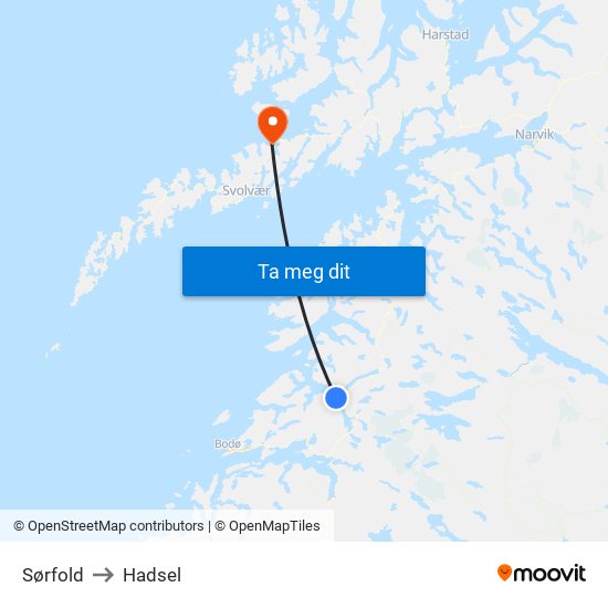 Sørfold to Hadsel map