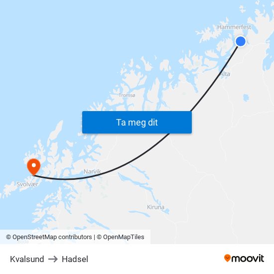 Kvalsund to Hadsel map