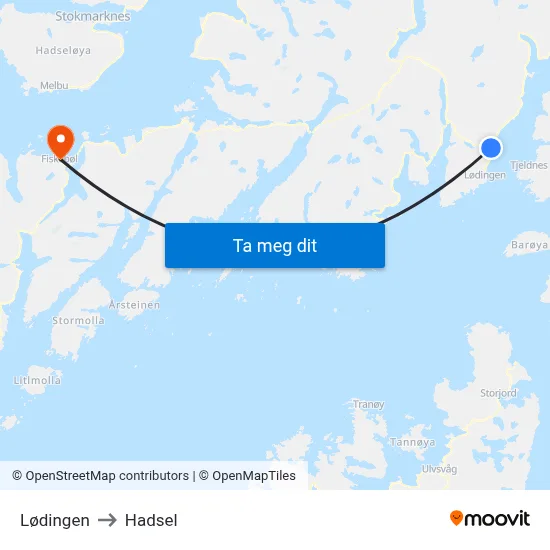 Lødingen to Hadsel map