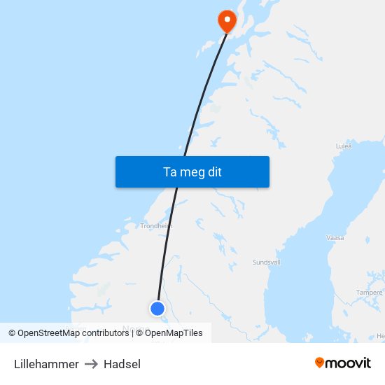 Lillehammer to Hadsel map