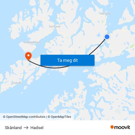Skånland to Hadsel map