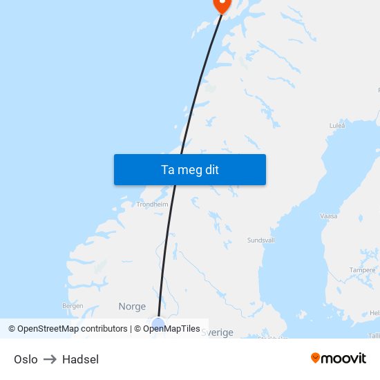 Oslo to Hadsel map