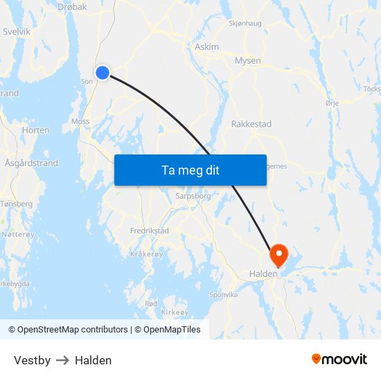 Vestby to Halden map