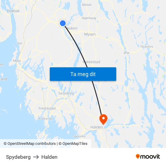 Spydeberg to Halden map