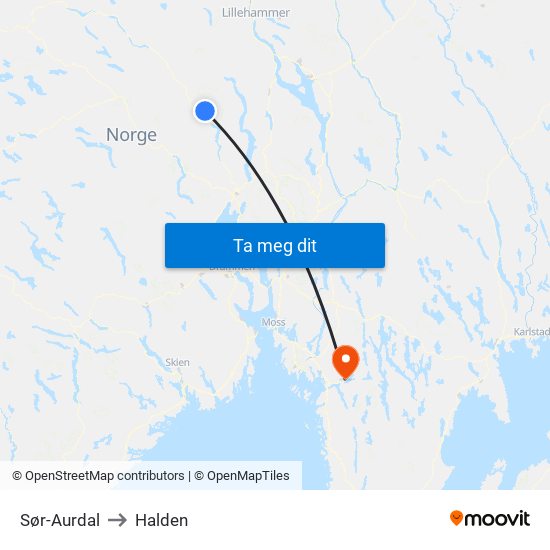 Sør-Aurdal to Halden map