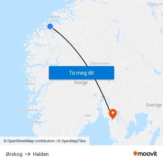 Ørskog to Halden map