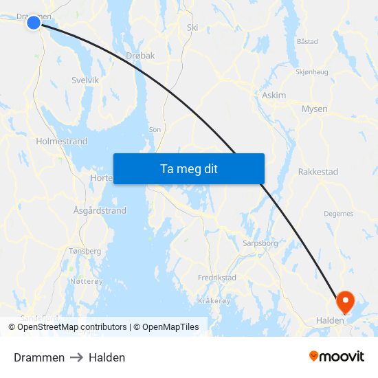 Drammen to Halden map