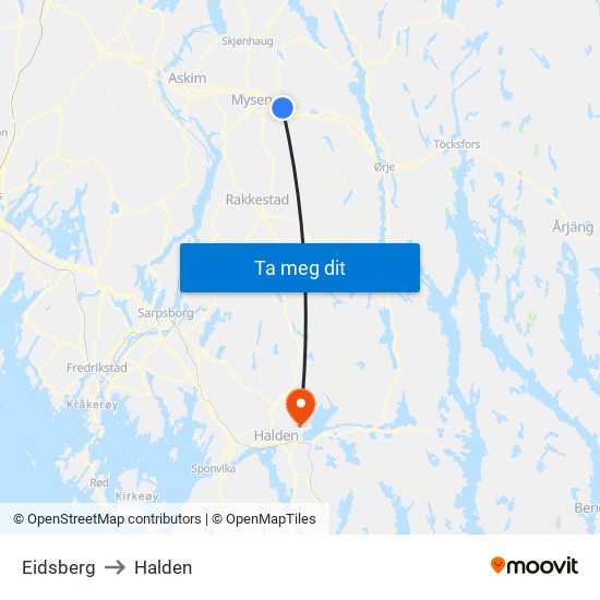 Eidsberg to Halden map