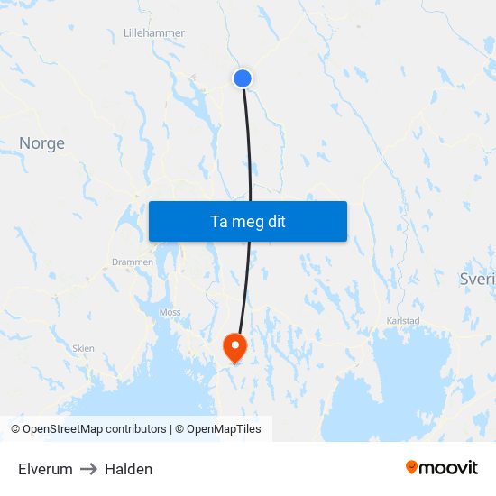 Elverum to Halden map