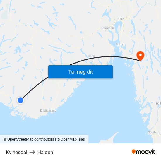 Kvinesdal to Halden map