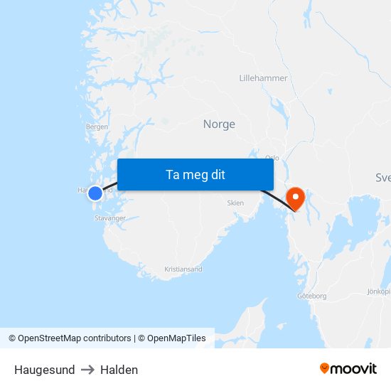 Haugesund to Halden map