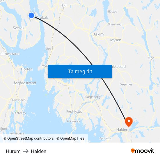 Hurum to Halden map