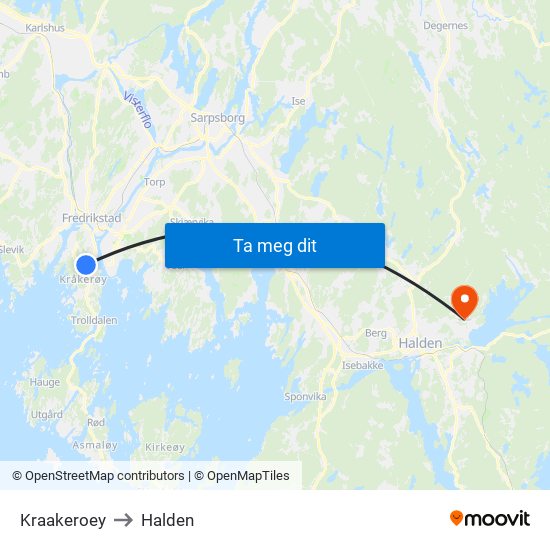 Kraakeroey to Halden map